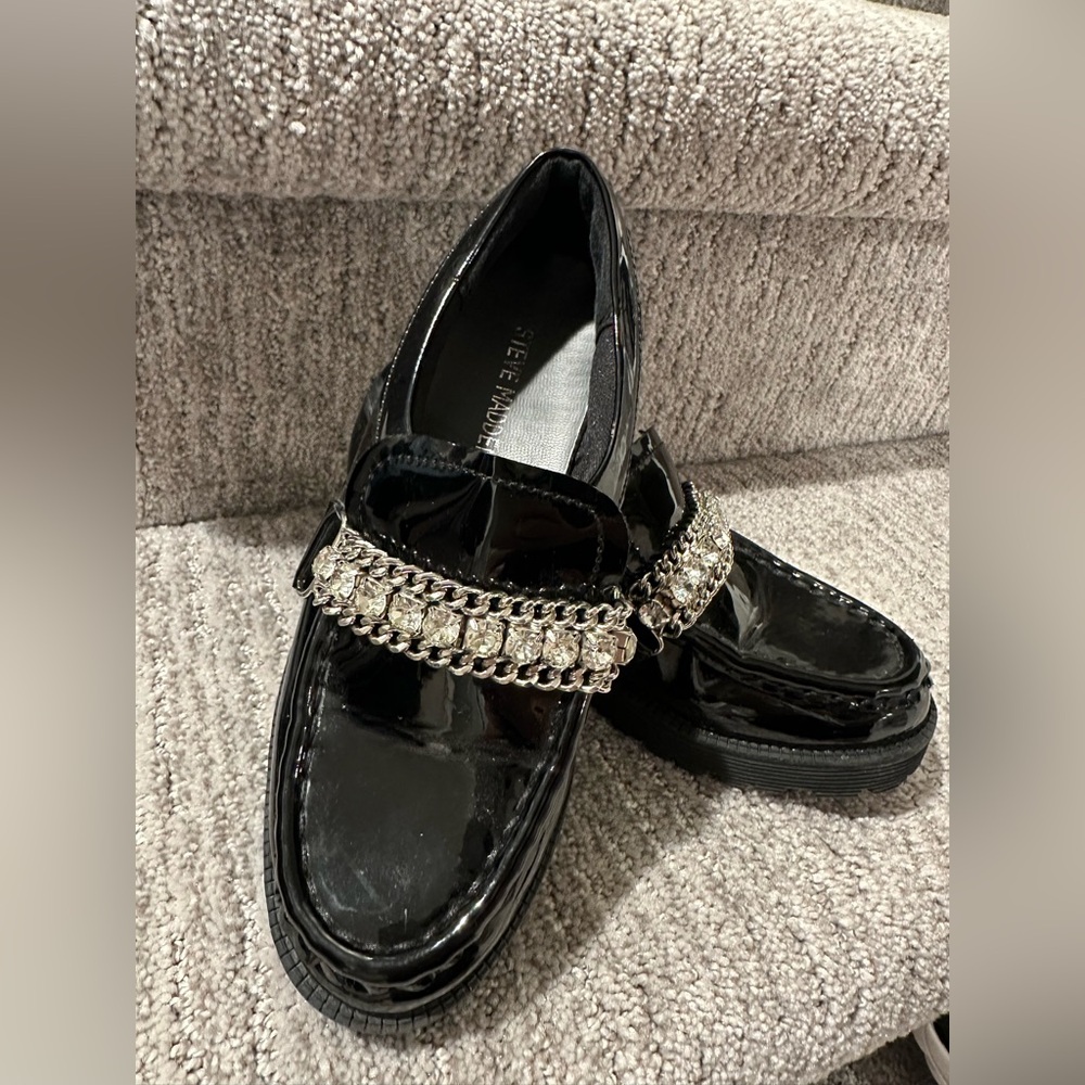 Steve Madden Black Patent Leather Loafers with Chain Detail